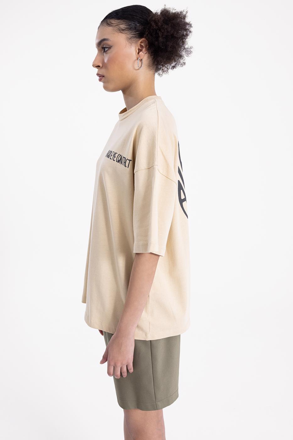 Bayan Bej Oversize Baskılı Tshirt