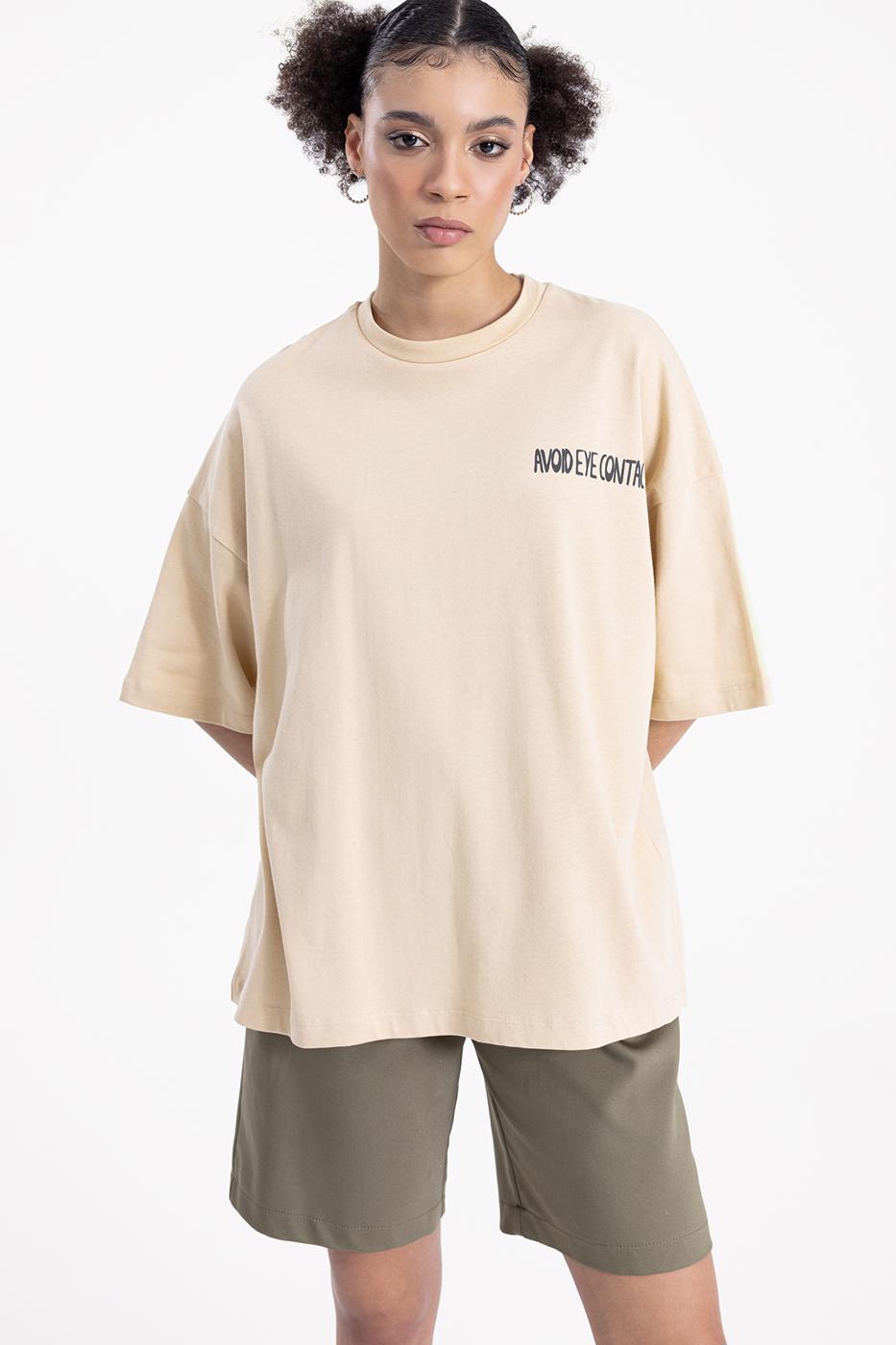 Bayan Bej Oversize Baskılı Tshirt