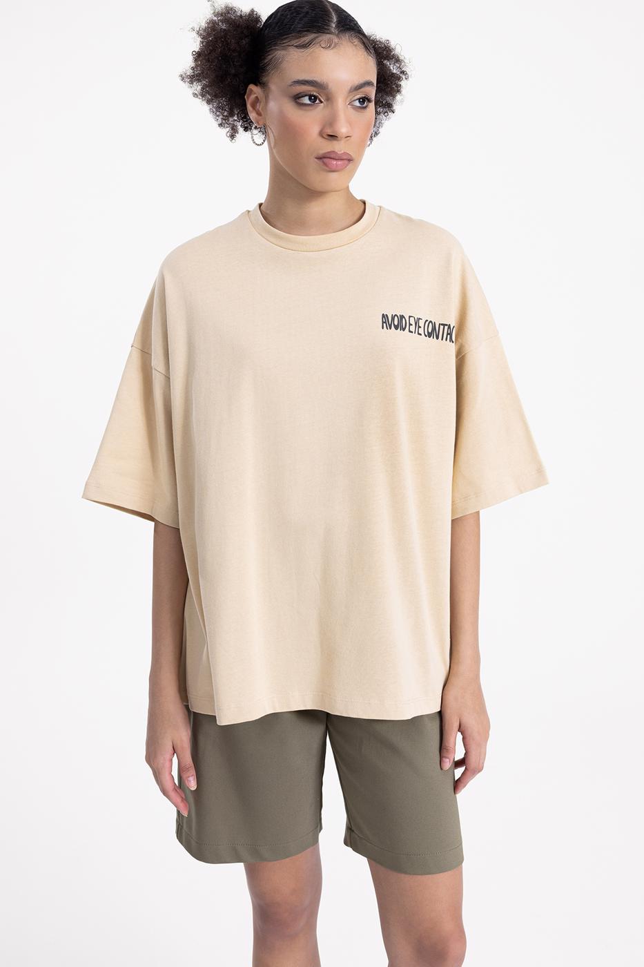Bayan Bej Oversize Baskılı Tshirt