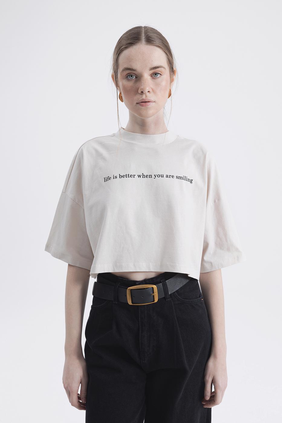 Bayan Krem Baskılı Crop tshirt