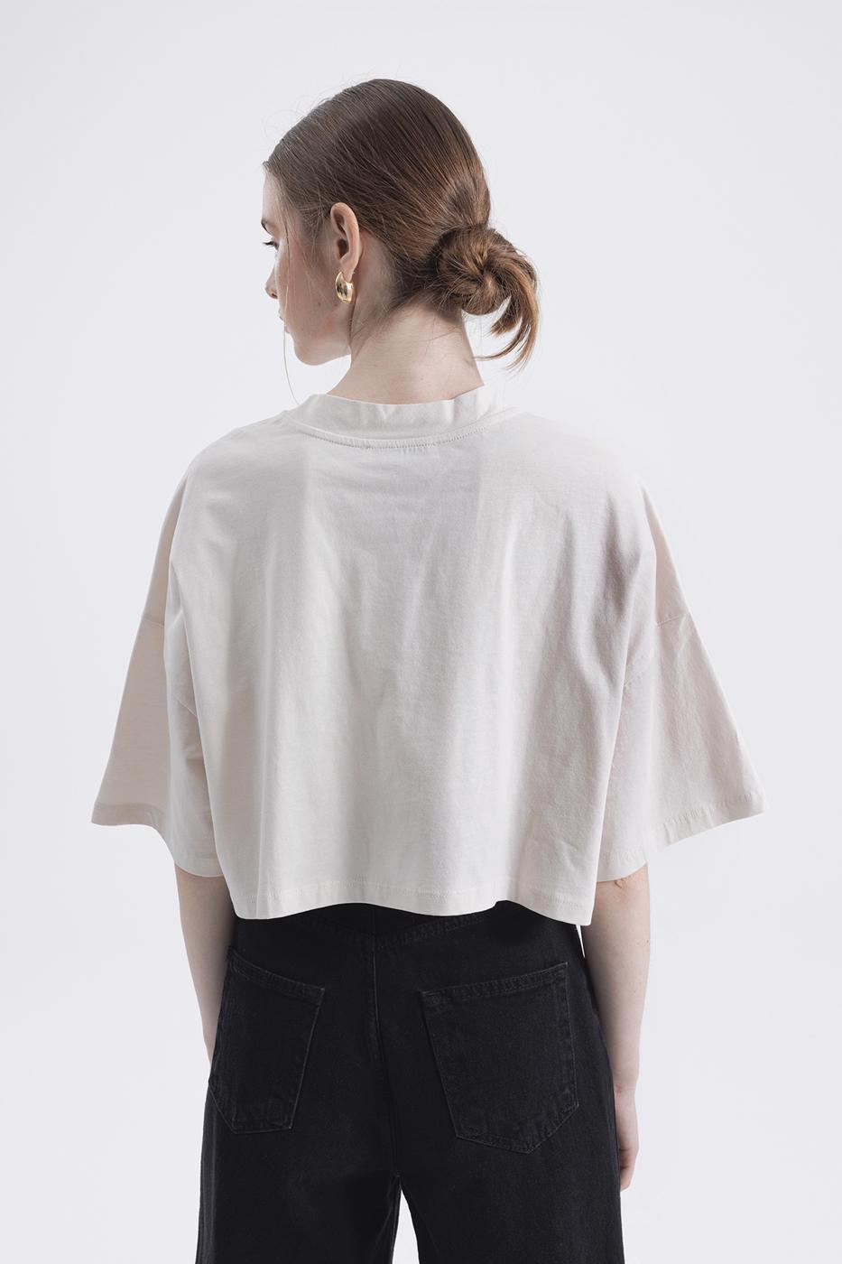 Bayan Krem Baskılı Crop tshirt