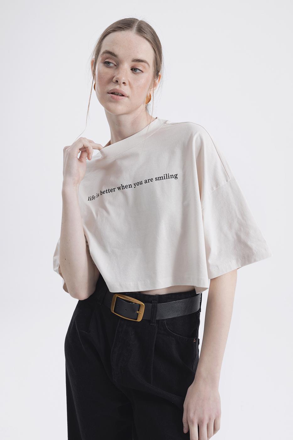 Bayan Krem Baskılı Crop tshirt