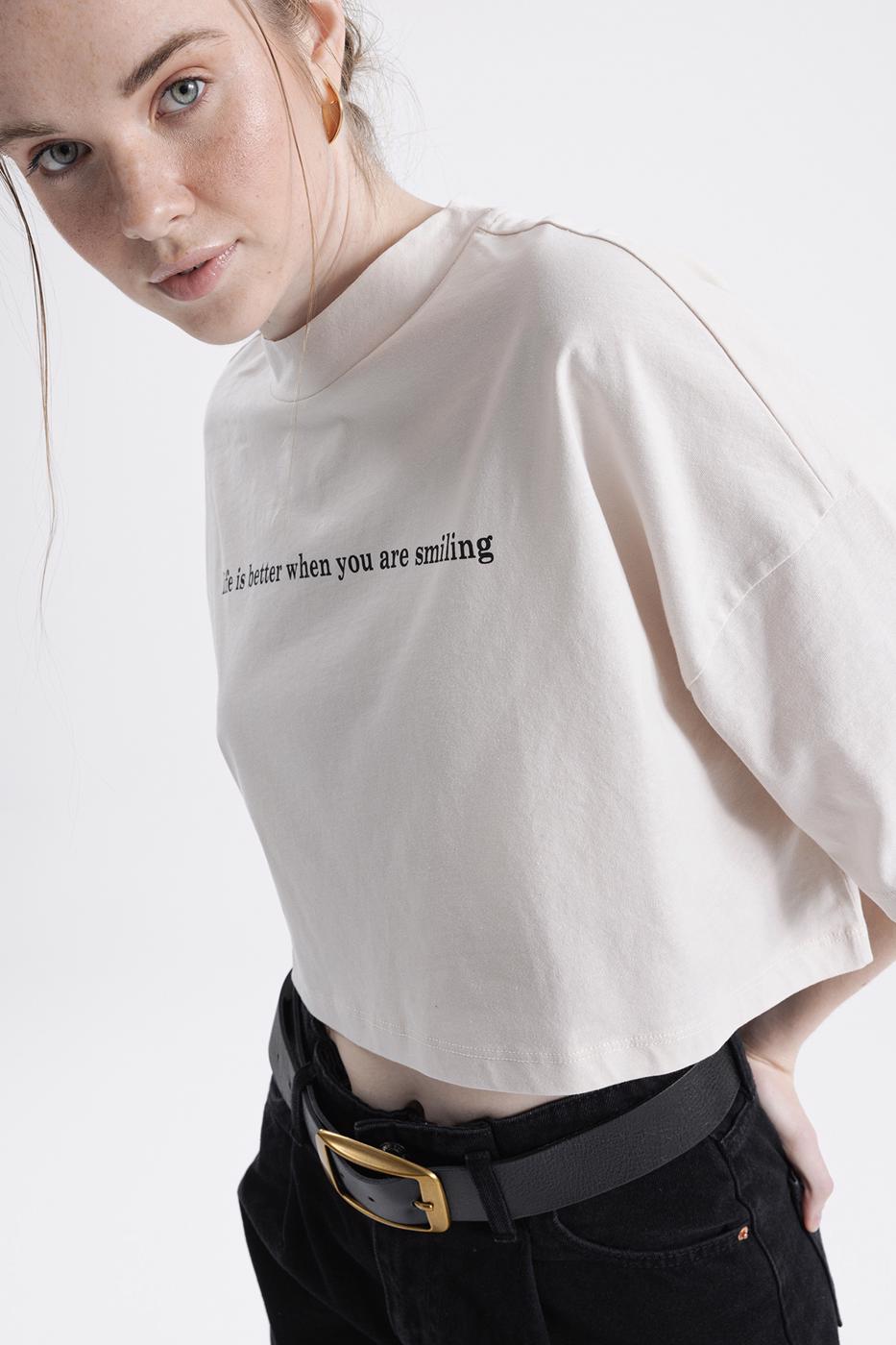 Bayan Krem Baskılı Crop tshirt