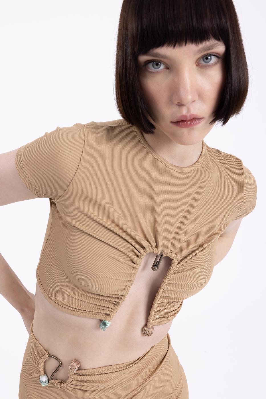 Bayan Camel Metal Aksesuar Crop Top