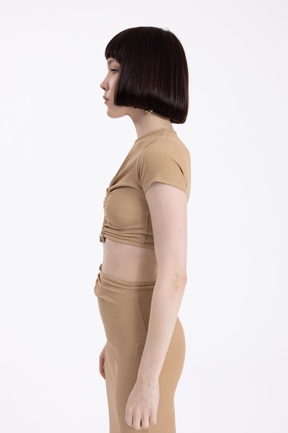 Bayan Camel Metal Aksesuar Crop Top