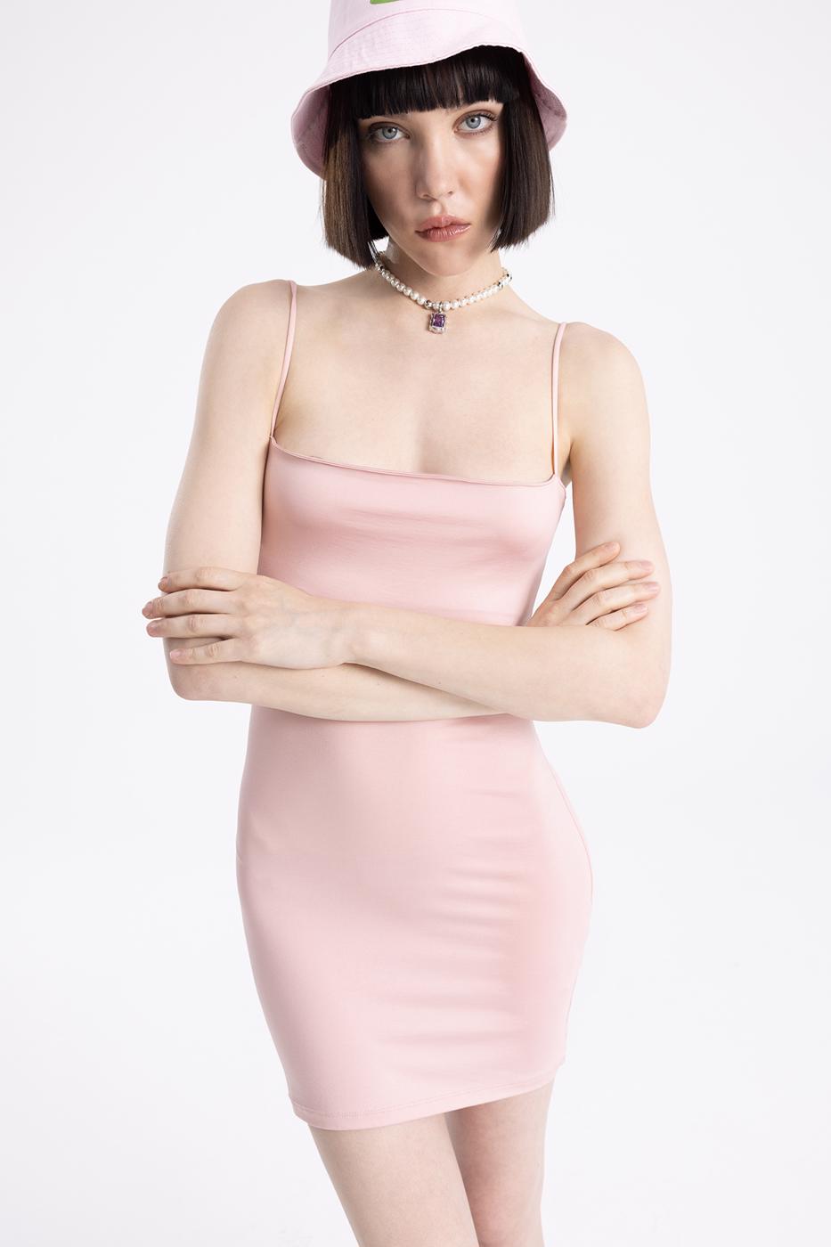 Bayan Pembe Askılı Mini Elbise