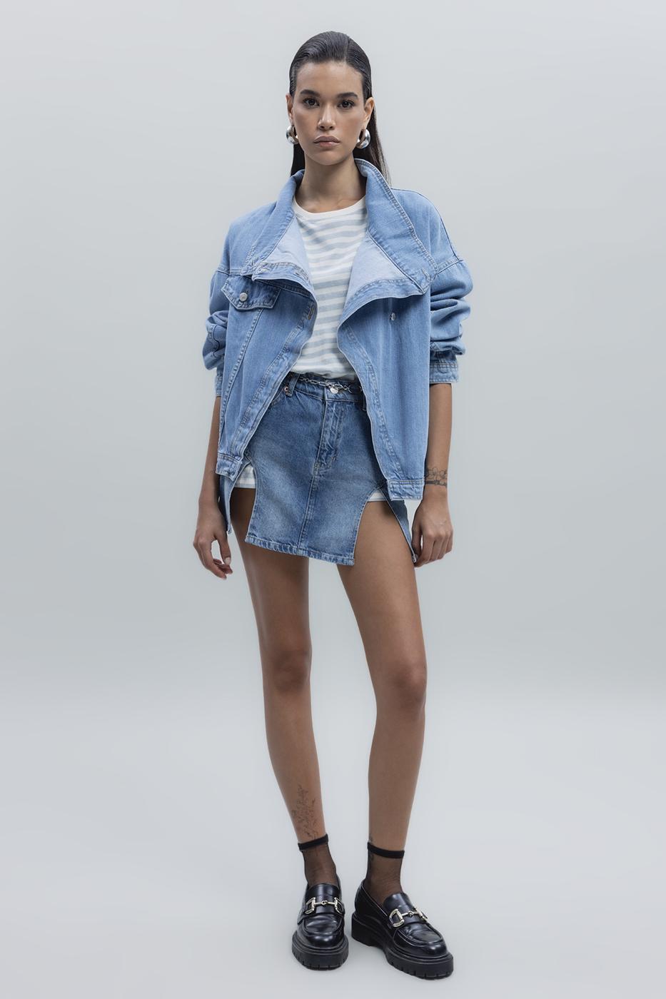 Bayan Mavi Yırtmaç Detaylı Mini Denim Etek