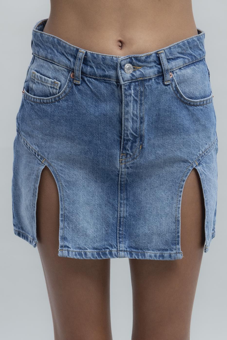 Bayan Mavi Yırtmaç Detaylı Mini Denim Etek