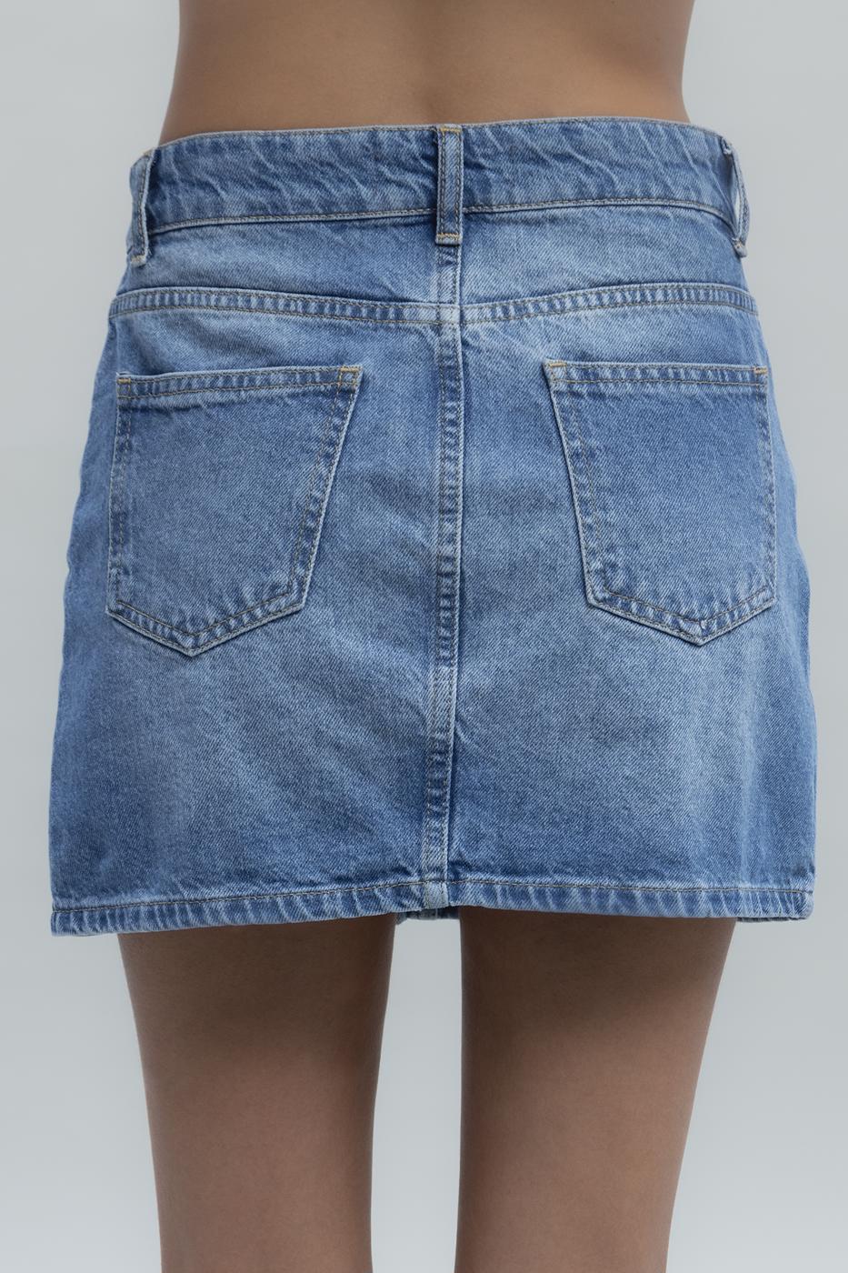Bayan Mavi Yırtmaç Detaylı Mini Denim Etek