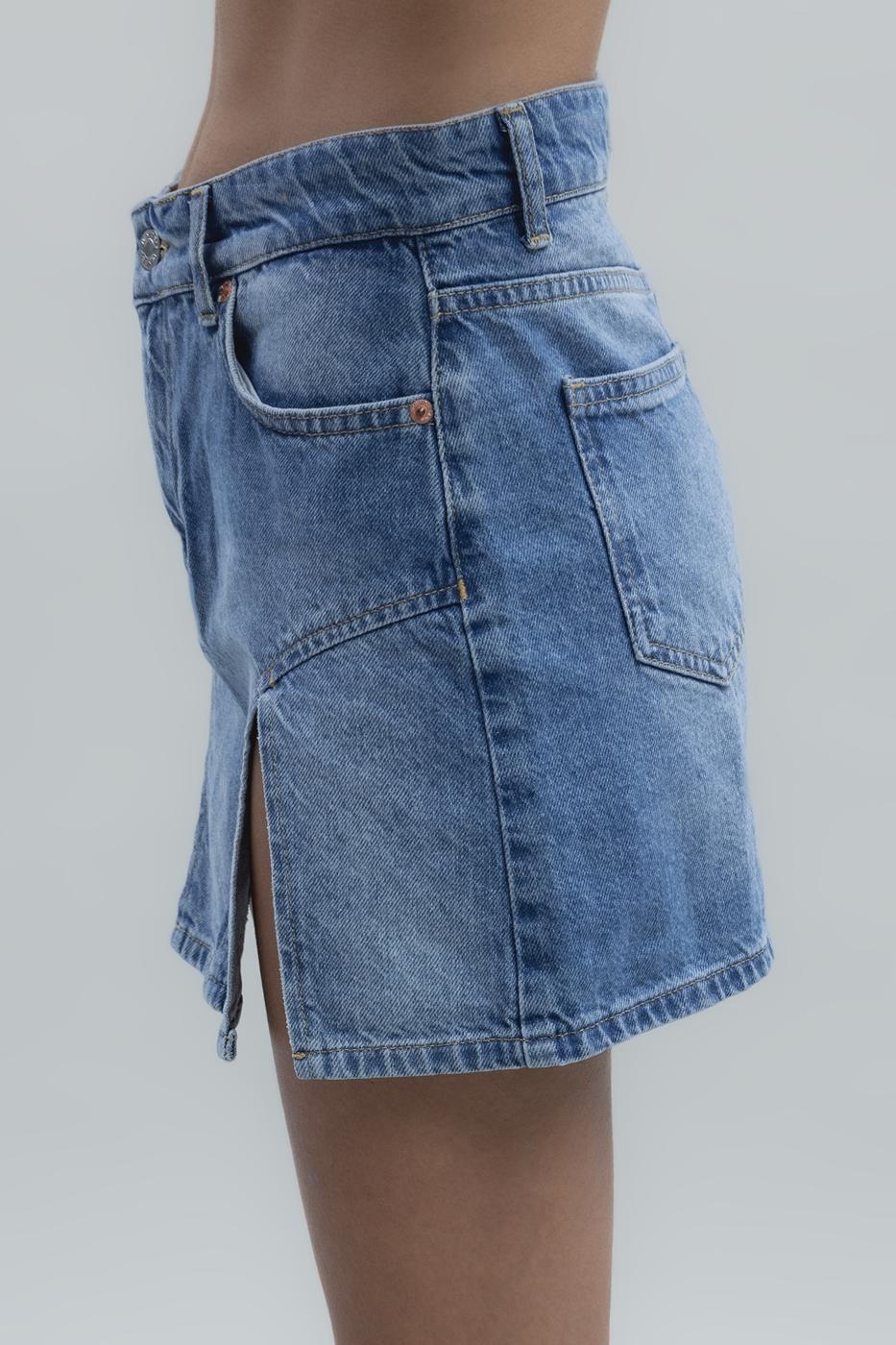 Bayan Mavi Yırtmaç Detaylı Mini Denim Etek