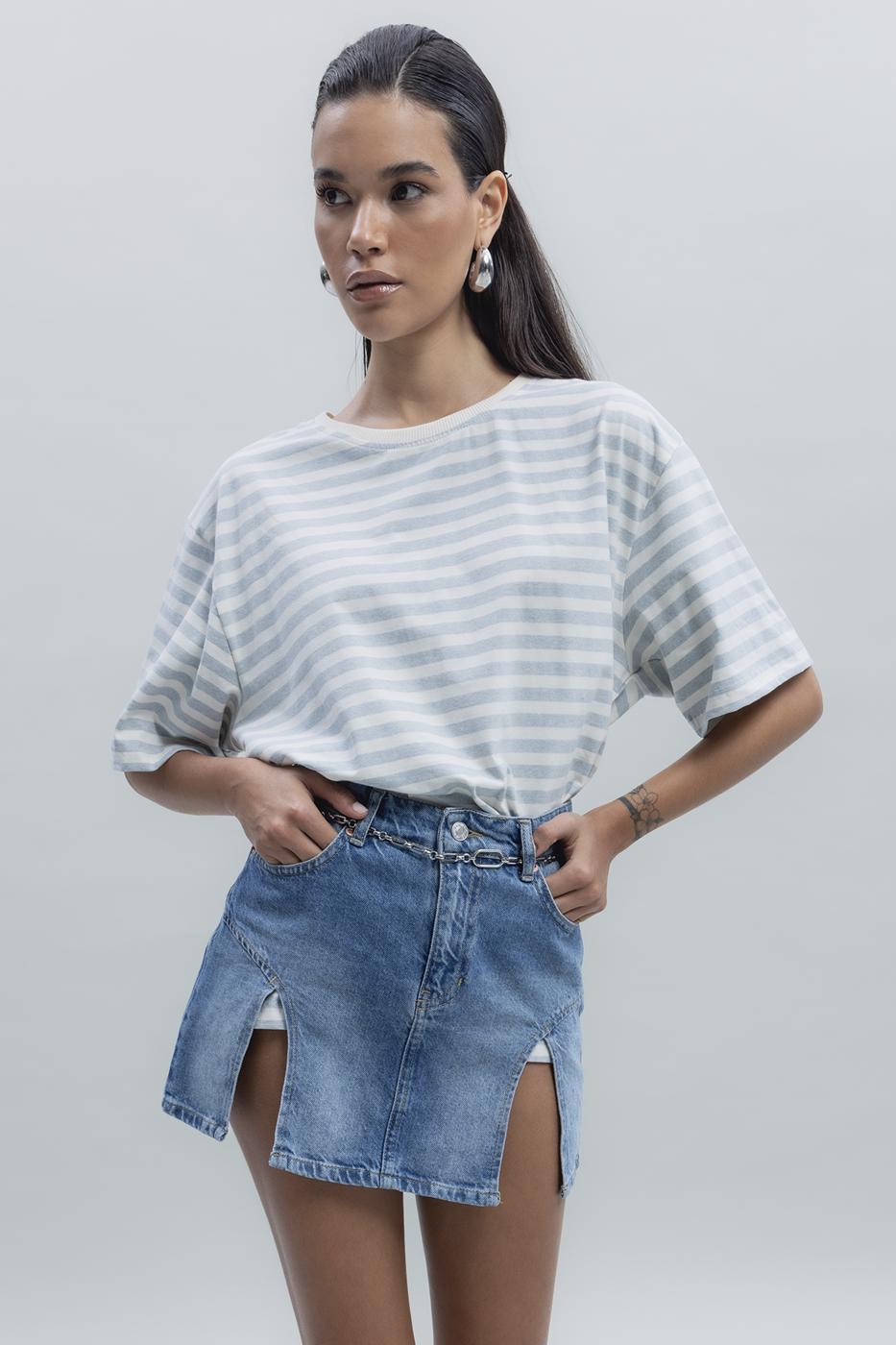 Bayan Mavi Yırtmaç Detaylı Mini Denim Etek