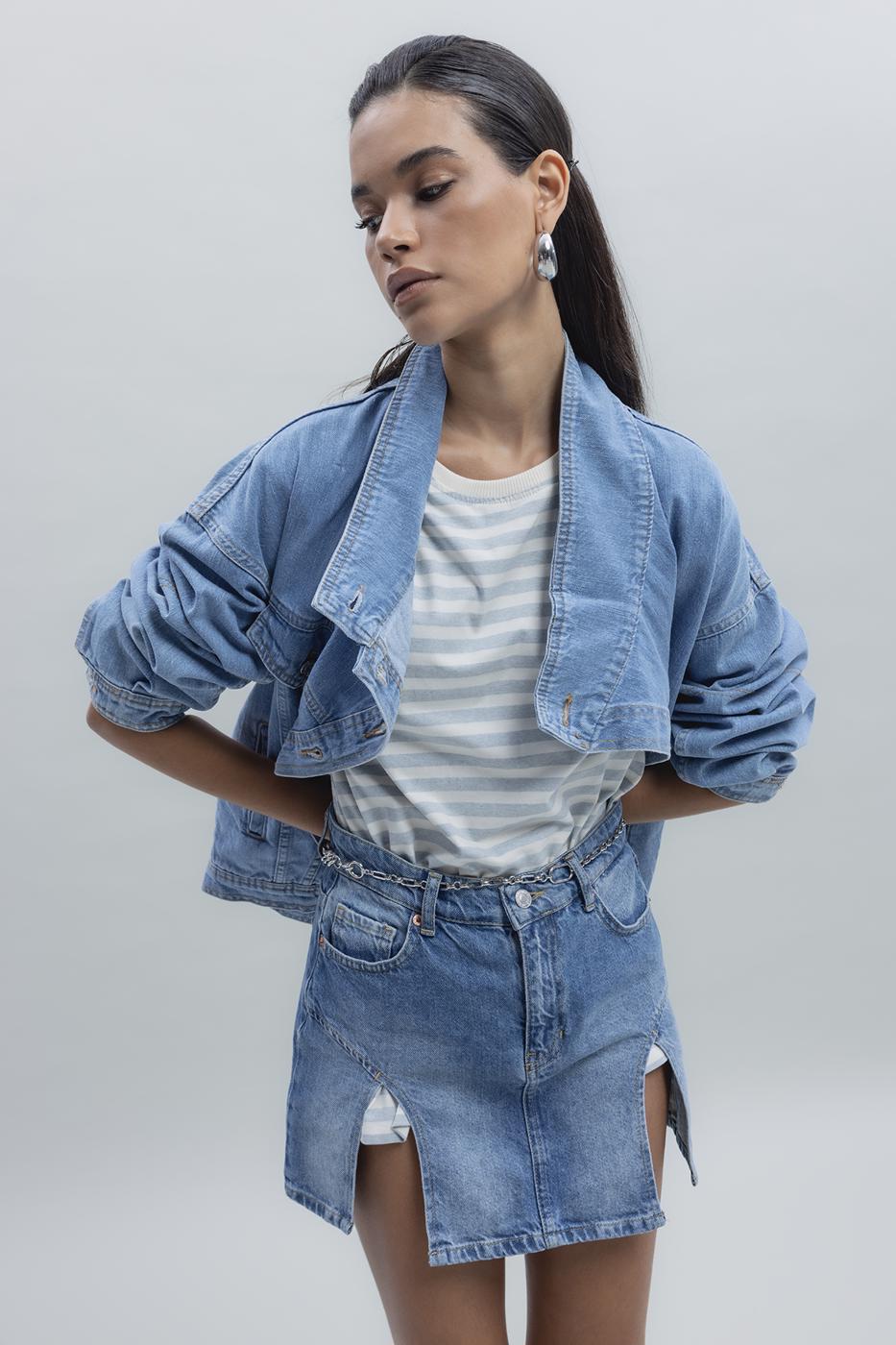 Bayan Mavi Yırtmaç Detaylı Mini Denim Etek