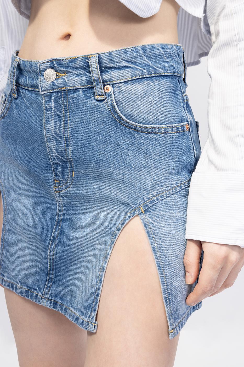 Bayan Mavi Yırtmaç Detaylı Mini Denim Etek