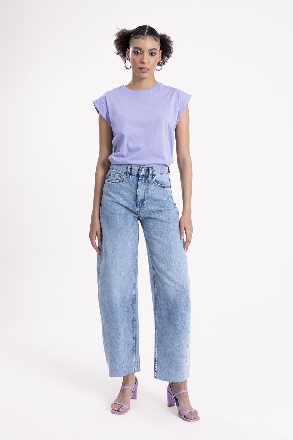 Bayan Mavi Düşük  Bel  Bol  Denim Pantolon