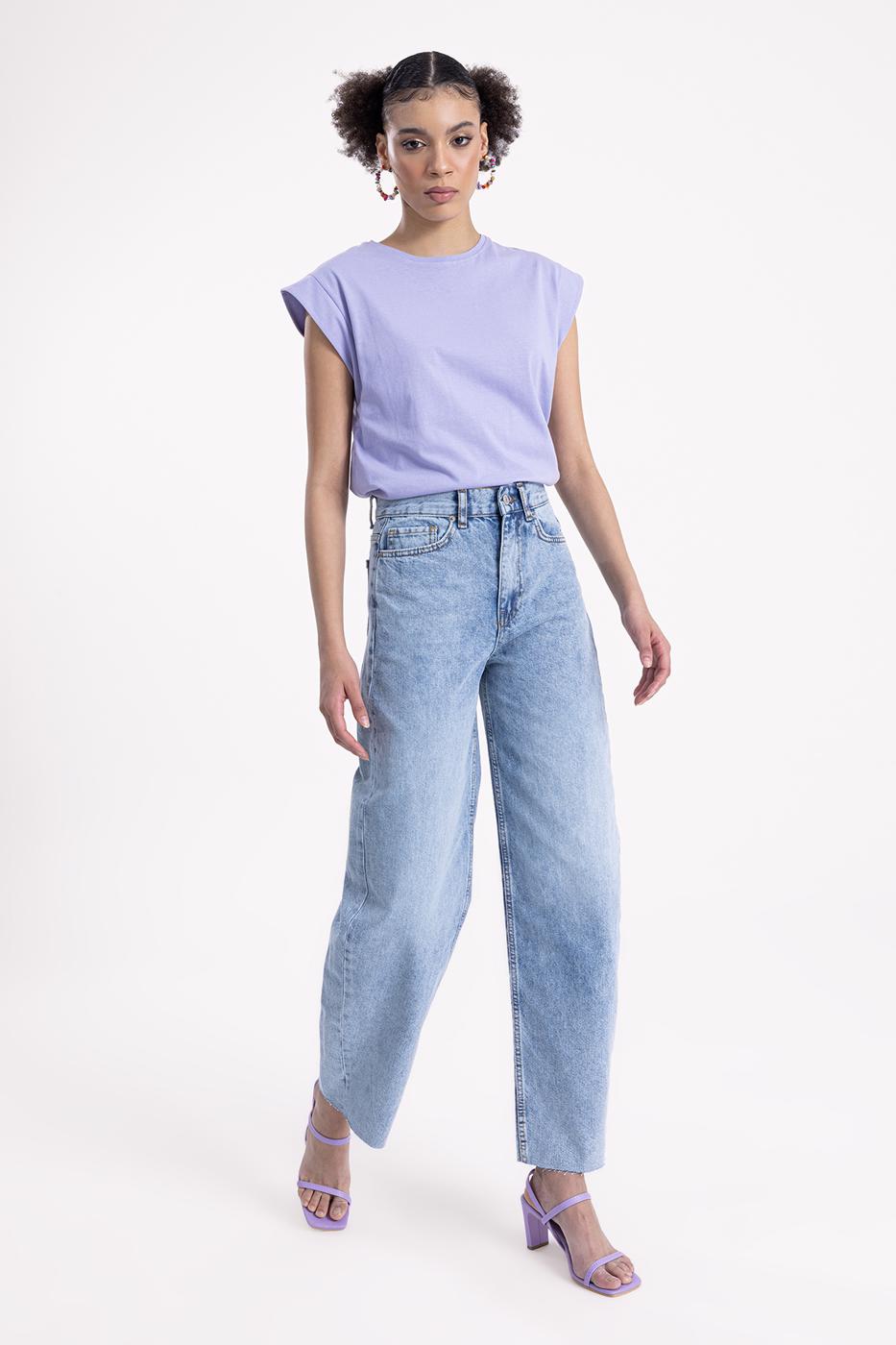 Bayan Mavi Düşük  Bel  Bol  Denim Pantolon