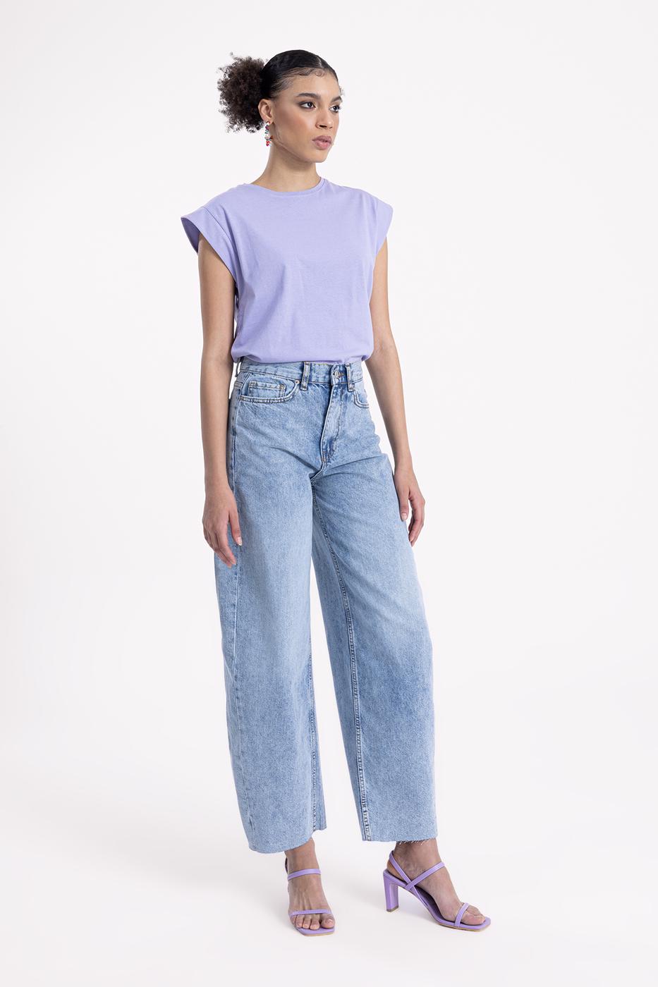 Bayan Mavi Düşük  Bel  Bol  Denim Pantolon