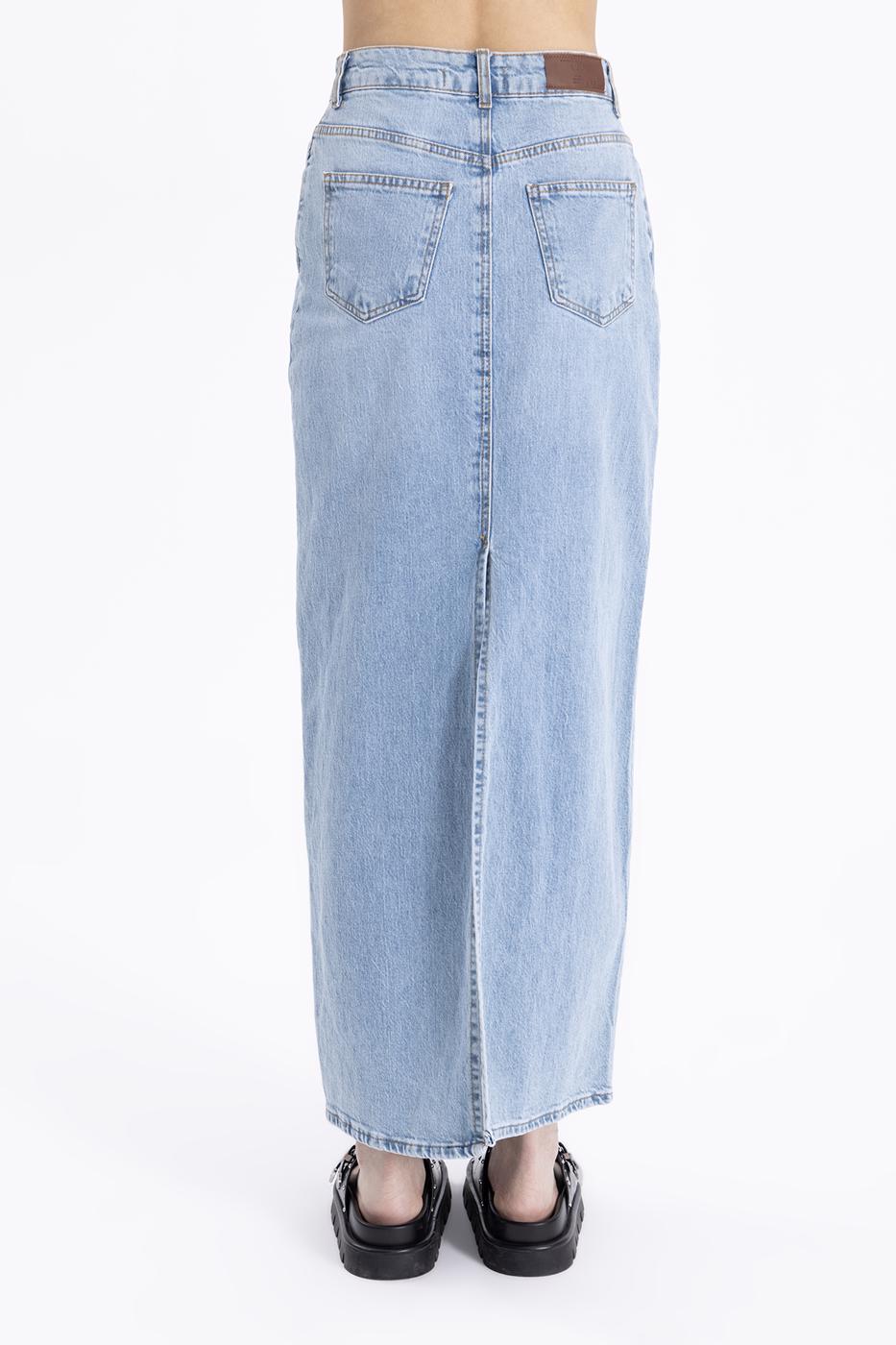 Bayan Mavi Yırtmaclı Maksi Denim Etek