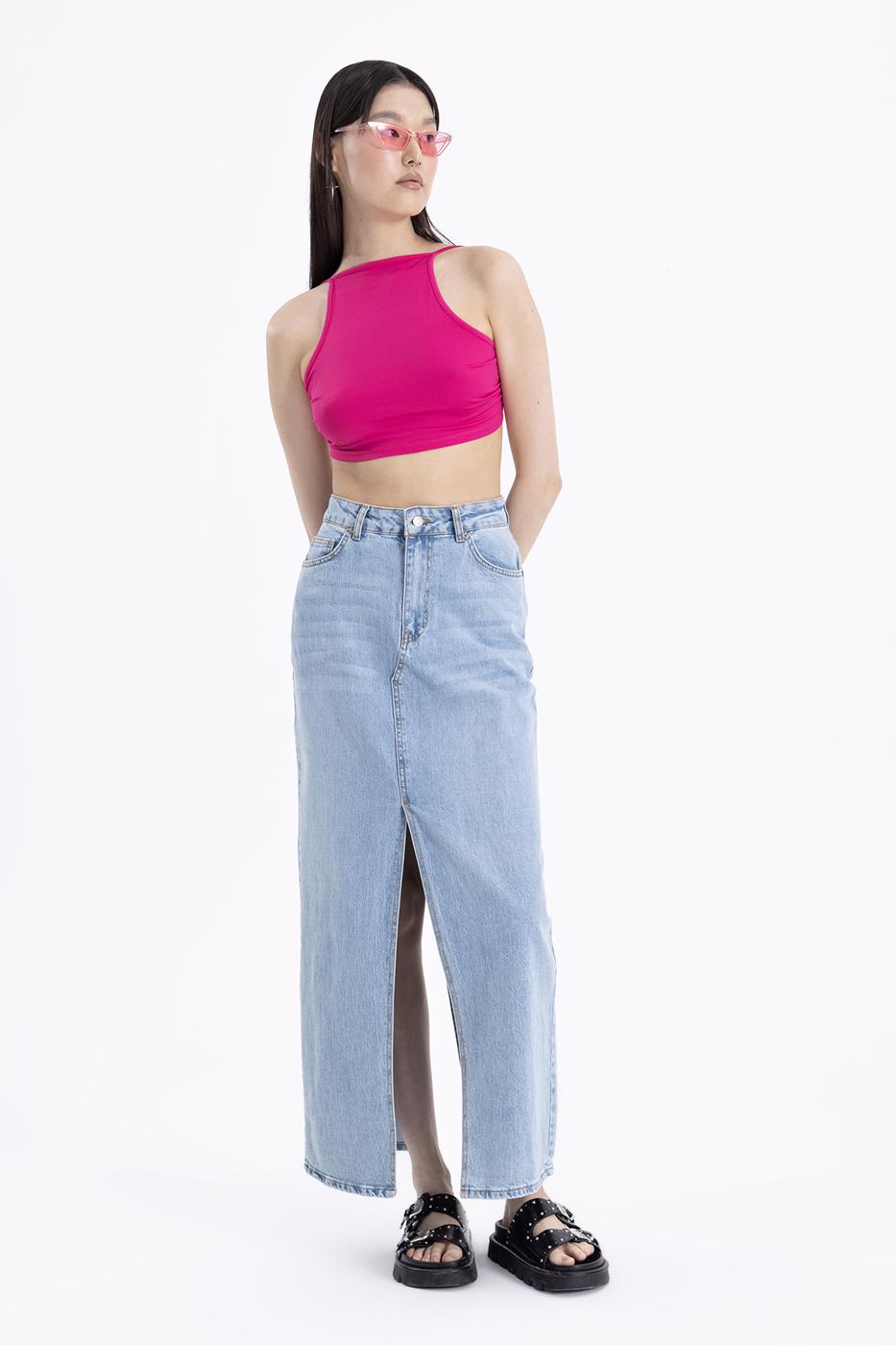 Bayan Mavi Yırtmaclı Maksi Denim Etek