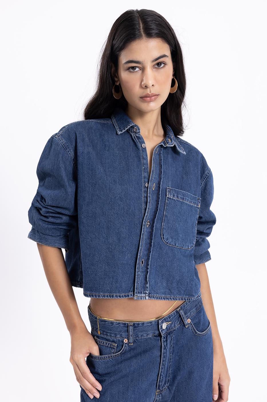 Bayan Mavi Crop Denim Gömlek