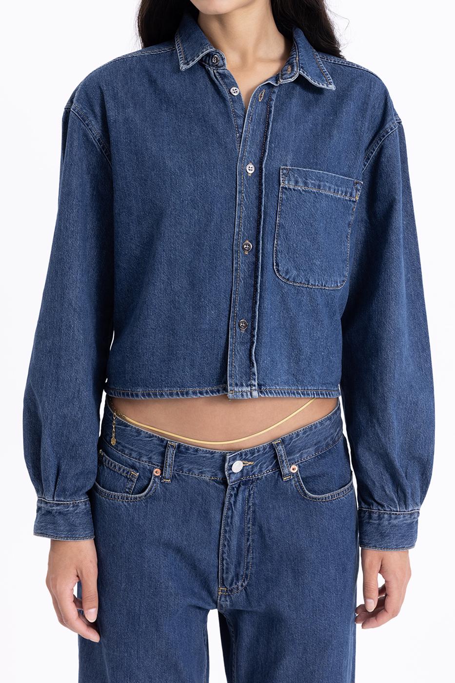 Bayan Mavi Crop Denim Gömlek