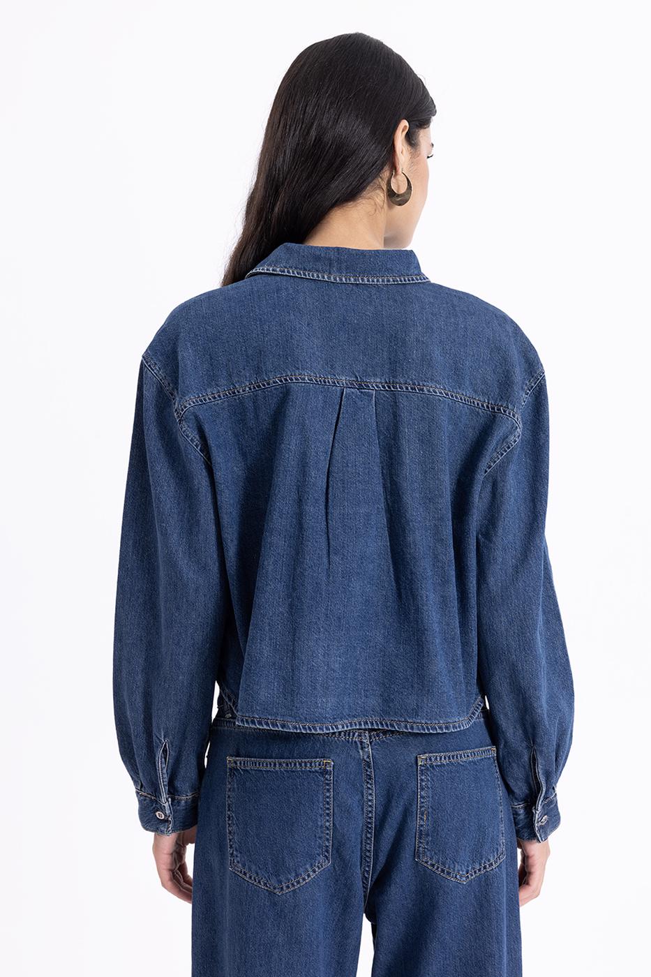 Bayan Mavi Crop Denim Gömlek