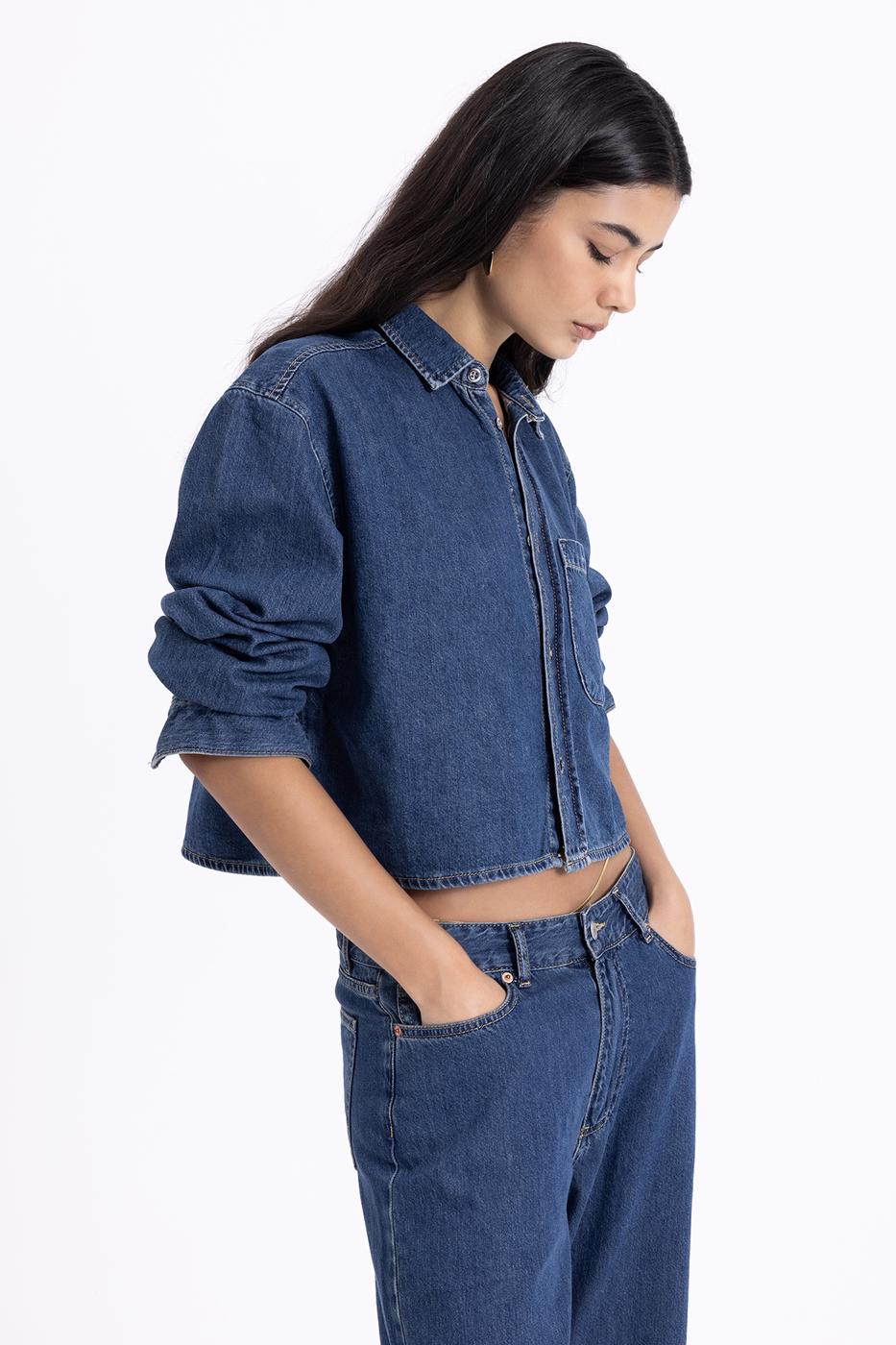 Bayan Mavi Crop Denim Gömlek