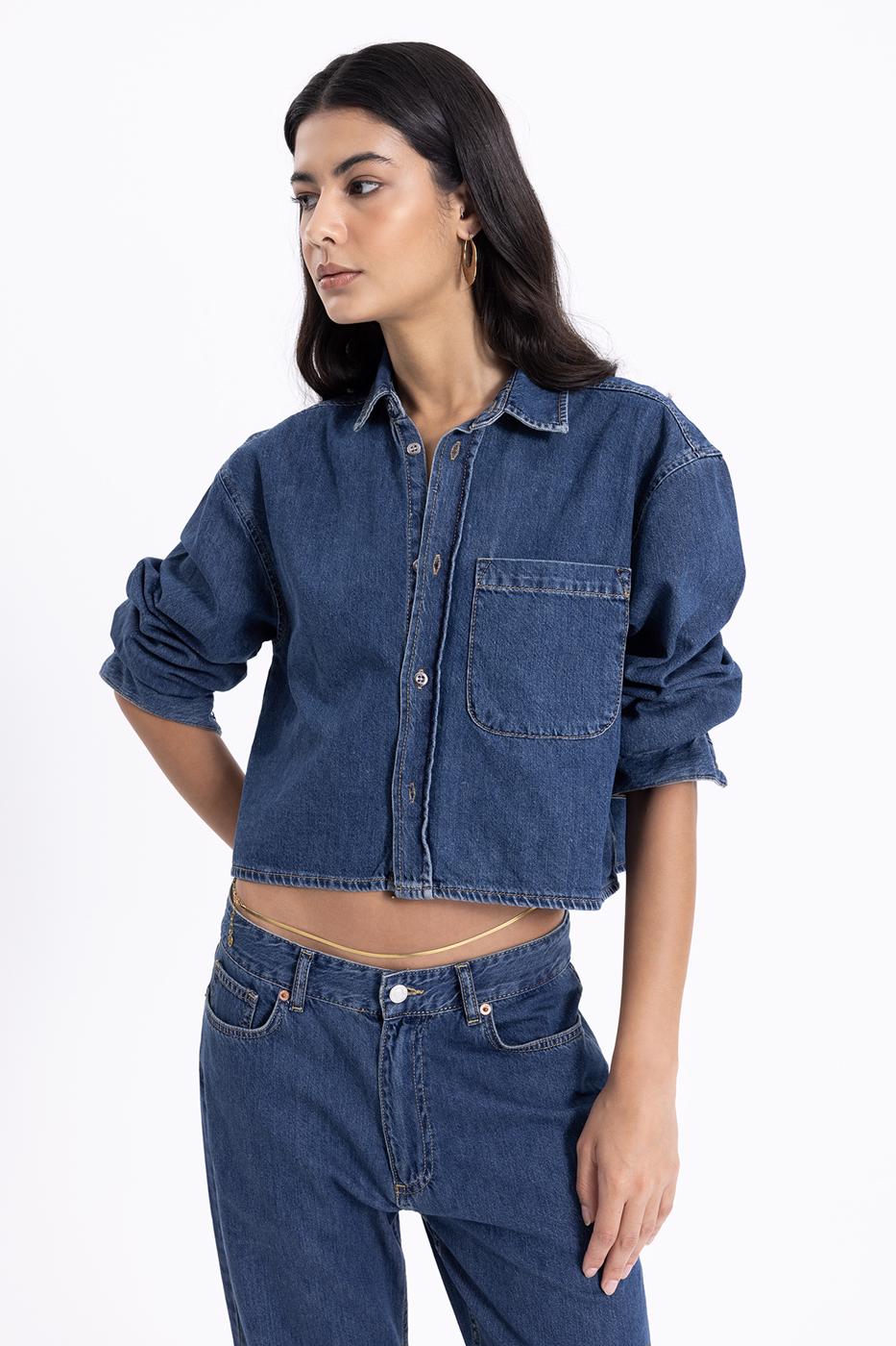 Bayan Mavi Crop Denim Gömlek