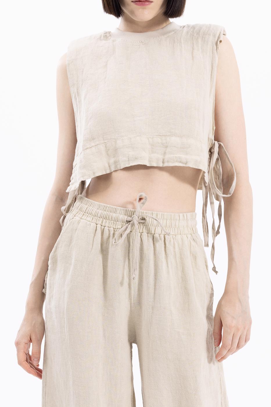 Bayan Bej Yandan Bağcıklı Crop Keten Bluz