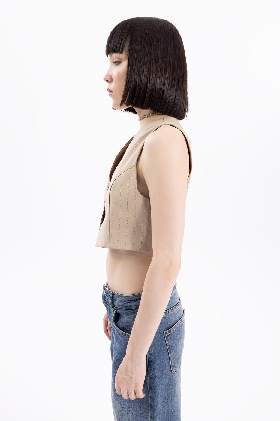 Bayan Bej Crop Fit Yelek