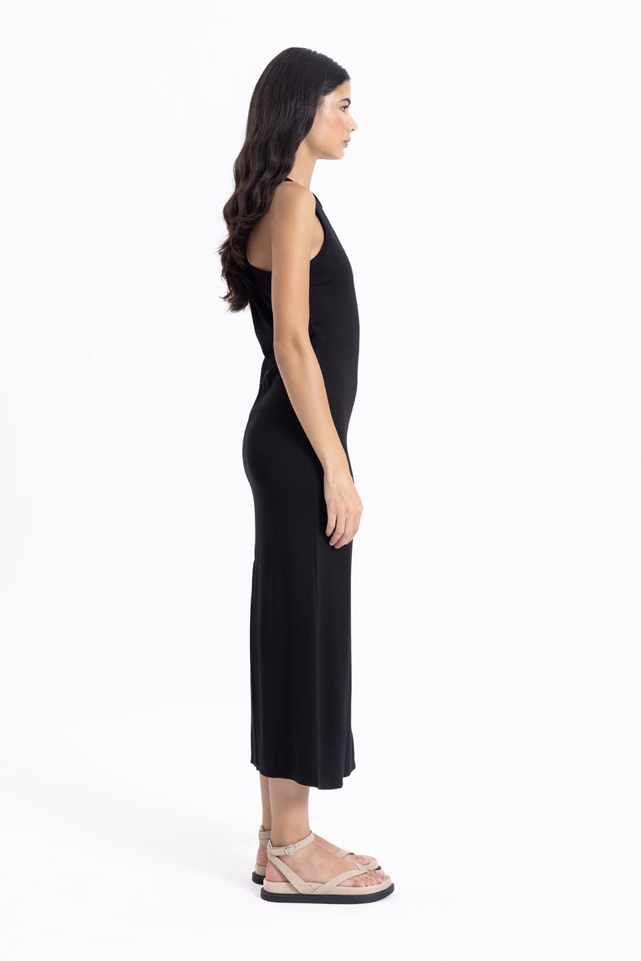 Bayan Siyah Halter Yaka Midi Kalem Elbise