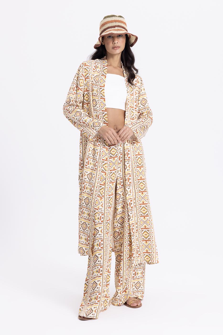 Bayan Ekru Desenli Kimono