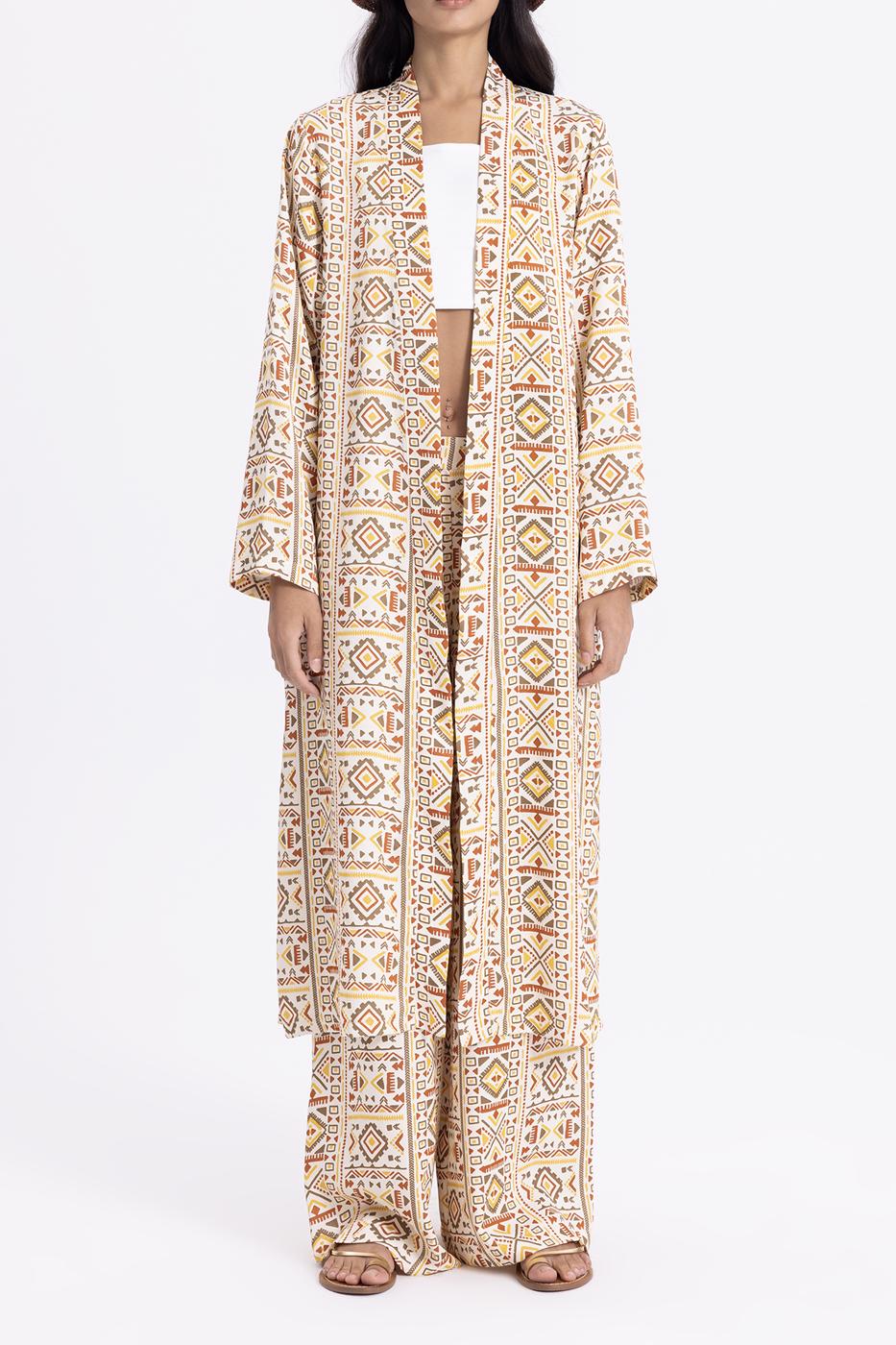 Bayan Ekru Desenli Kimono
