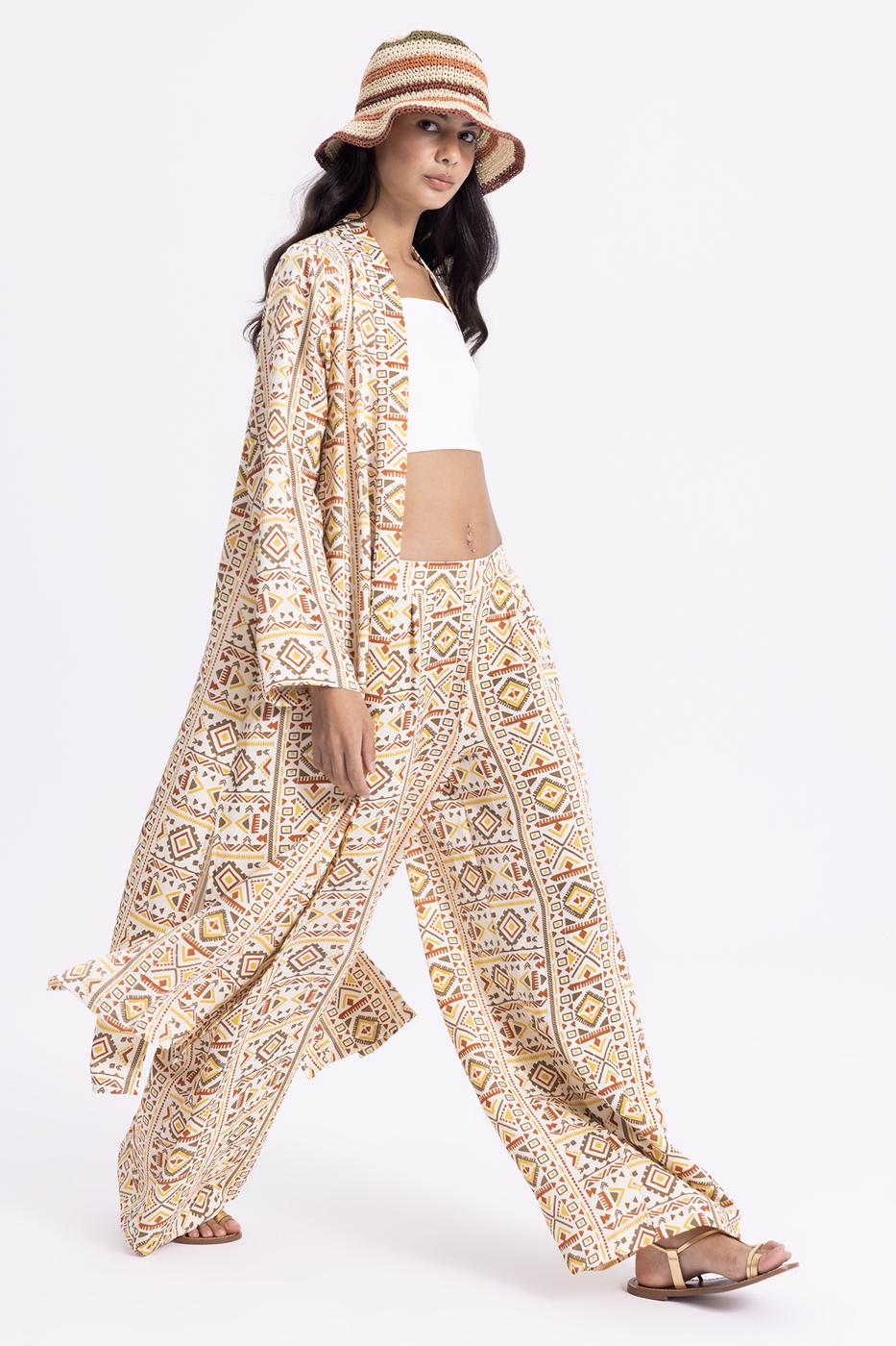 Bayan Ekru Desenli Kimono