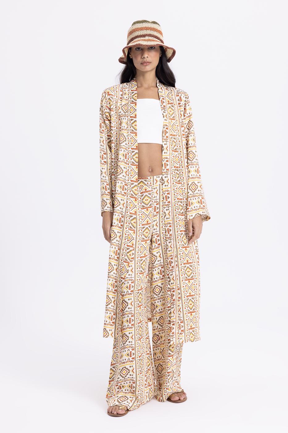 Bayan Ekru Desenli Kimono