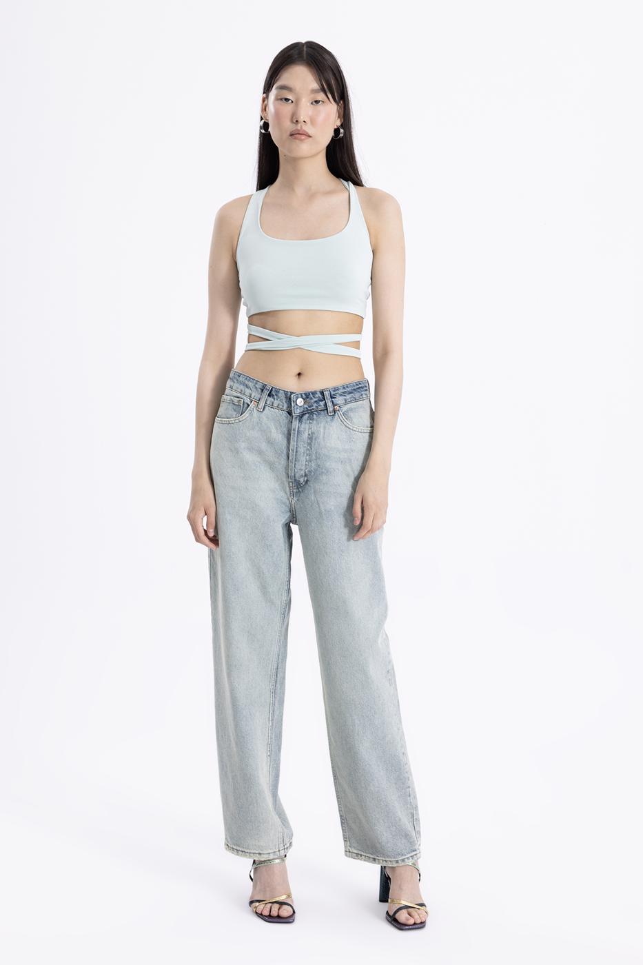 Bayan Mavi Düşük Bel Düz Kesim Denim Pantolon