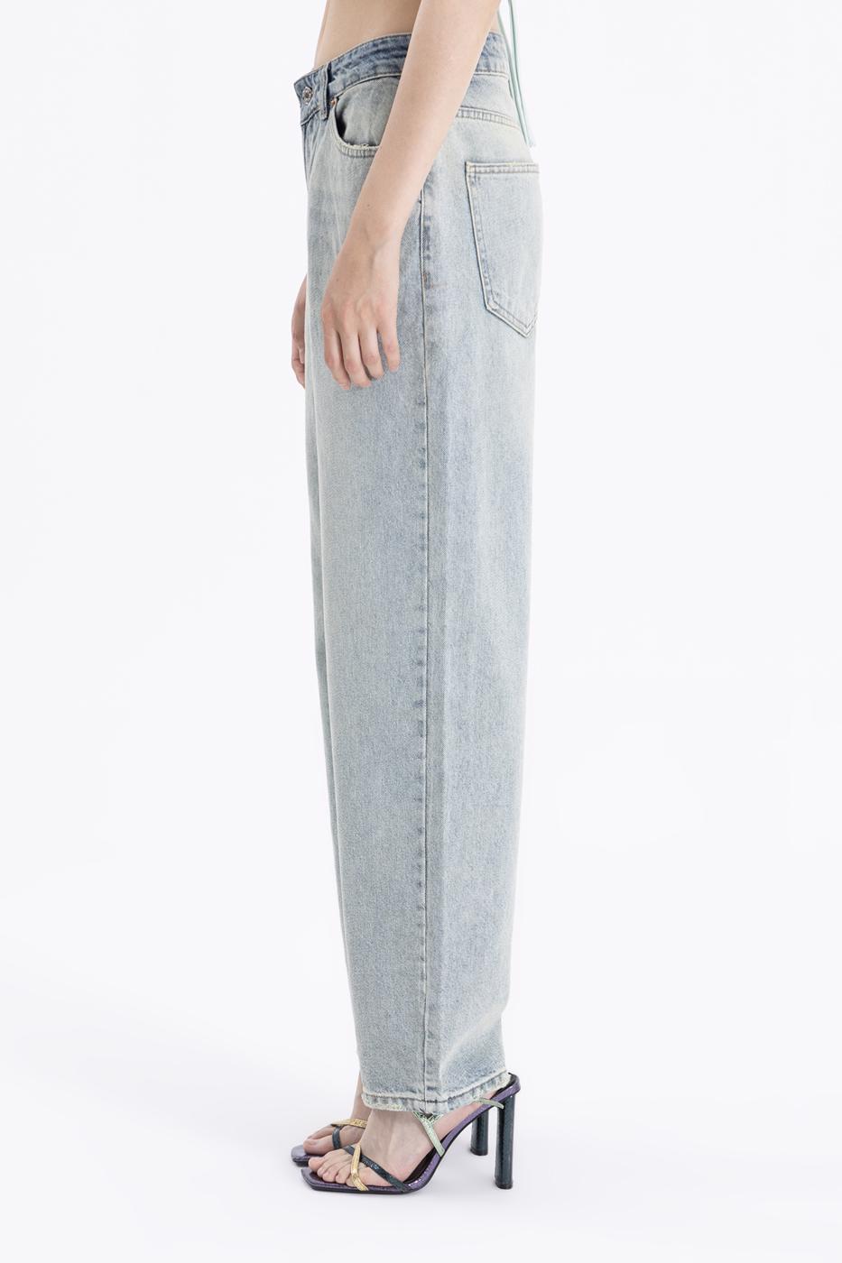 Bayan Mavi Düşük Bel Düz Kesim Denim Pantolon