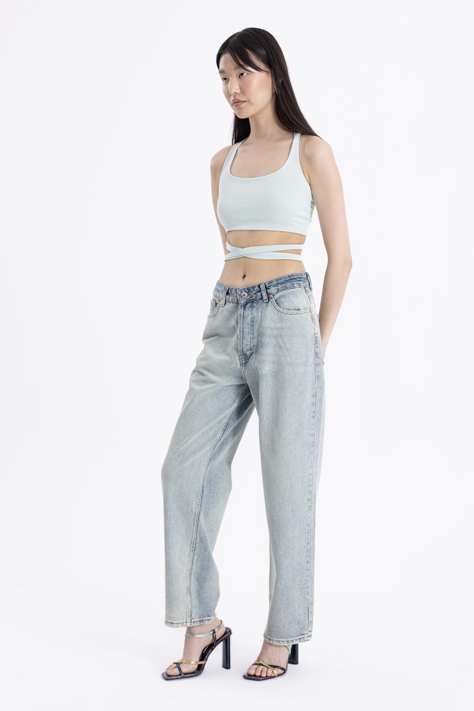Bayan Mavi Düşük Bel Düz Kesim Denim Pantolon