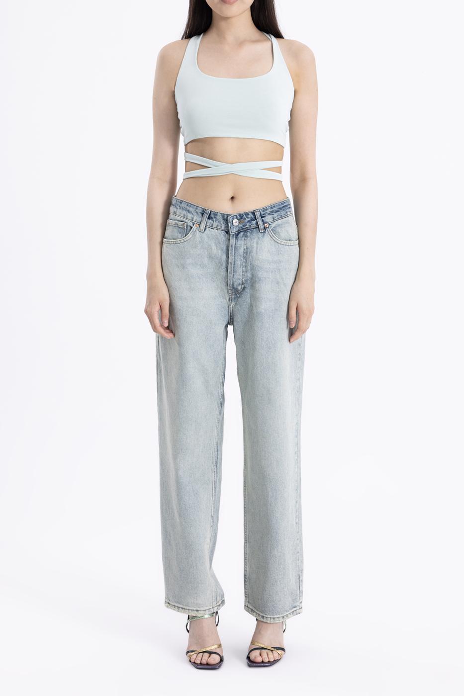 Bayan Mavi Düşük Bel Düz Kesim Denim Pantolon