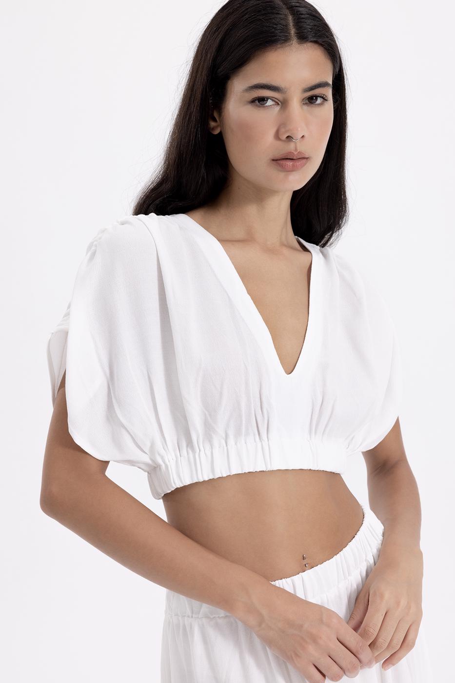 Bayan Beyaz Derin V Yaka Crop Bluz