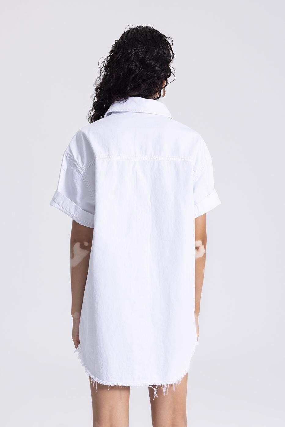 Bayan Beyaz Yıpratmalı Mini Cotton Gömlek  Elbise