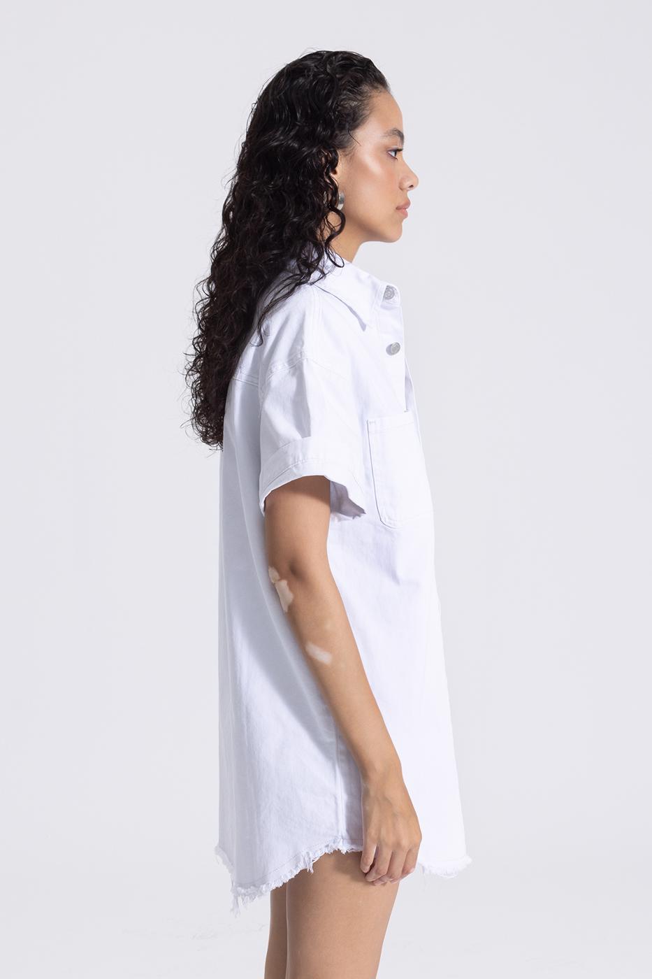 Bayan Beyaz Yıpratmalı Mini Cotton Gömlek  Elbise