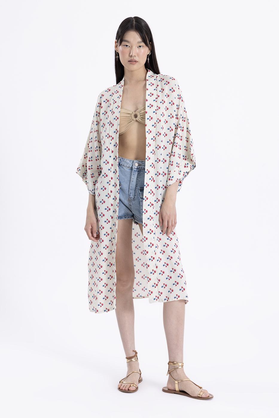 Bayan Ekru Çiçekli Kimono