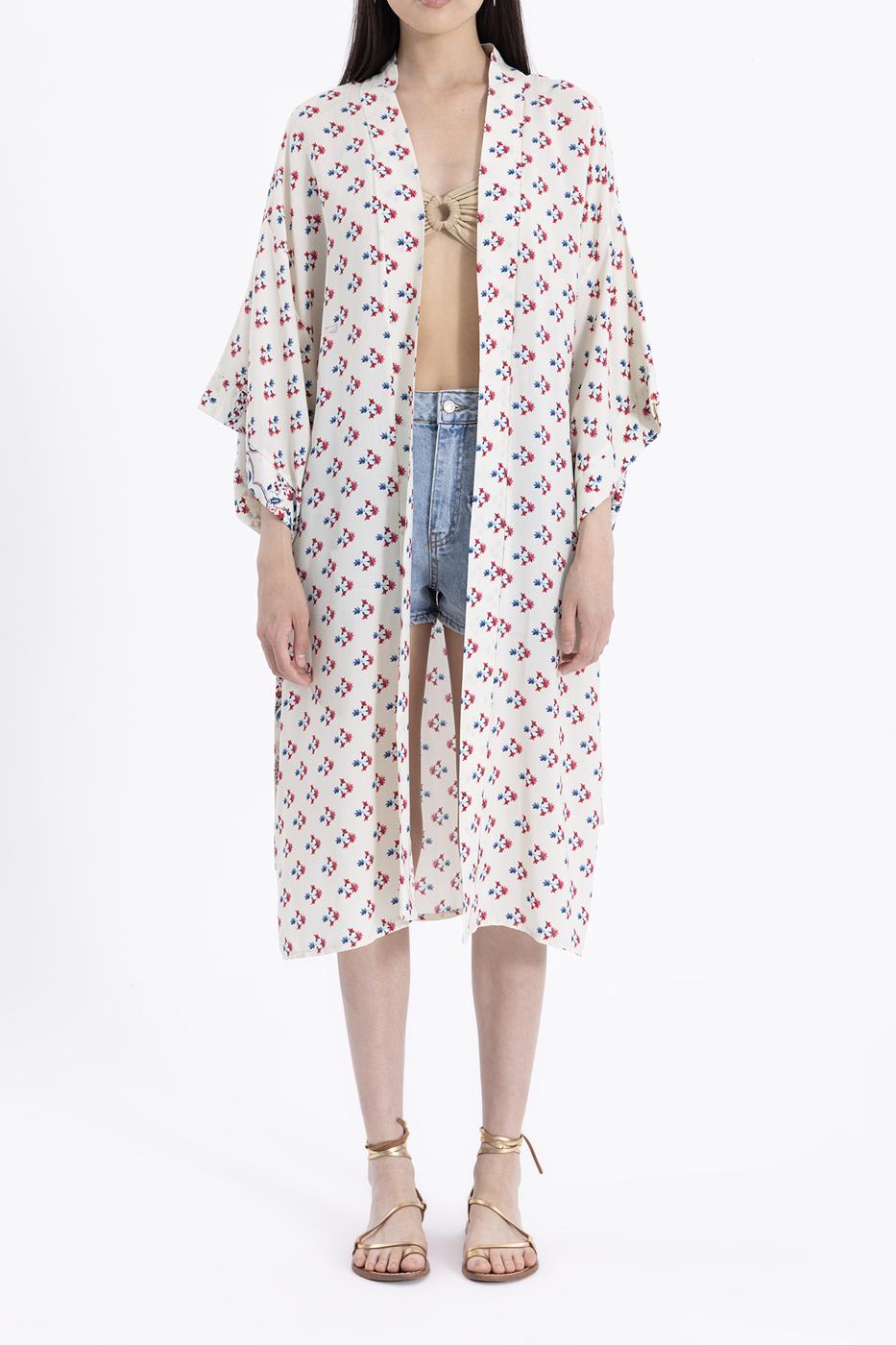 Bayan Ekru Çiçekli Kimono