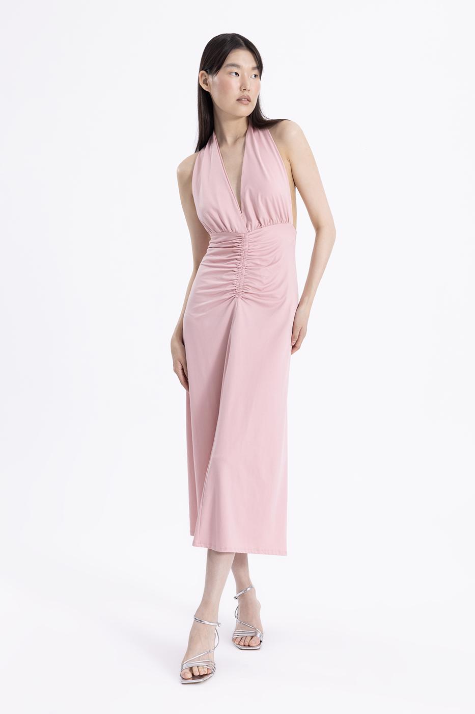 Bayan Pembe Drape Detaylı Midi Elbise
