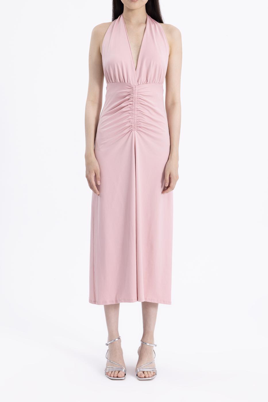 Bayan Pembe Drape Detaylı Midi Elbise