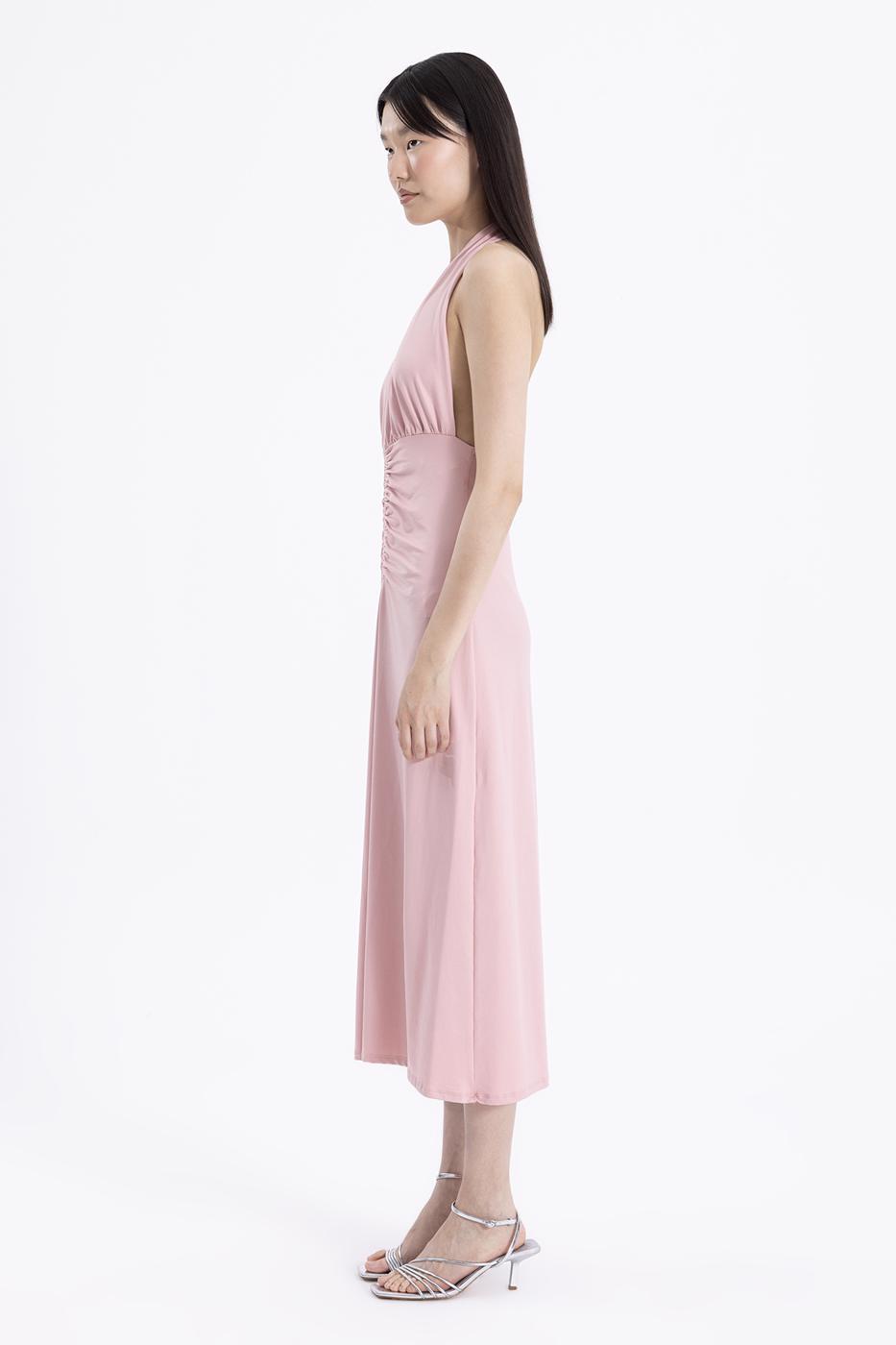 Bayan Pembe Drape Detaylı Midi Elbise