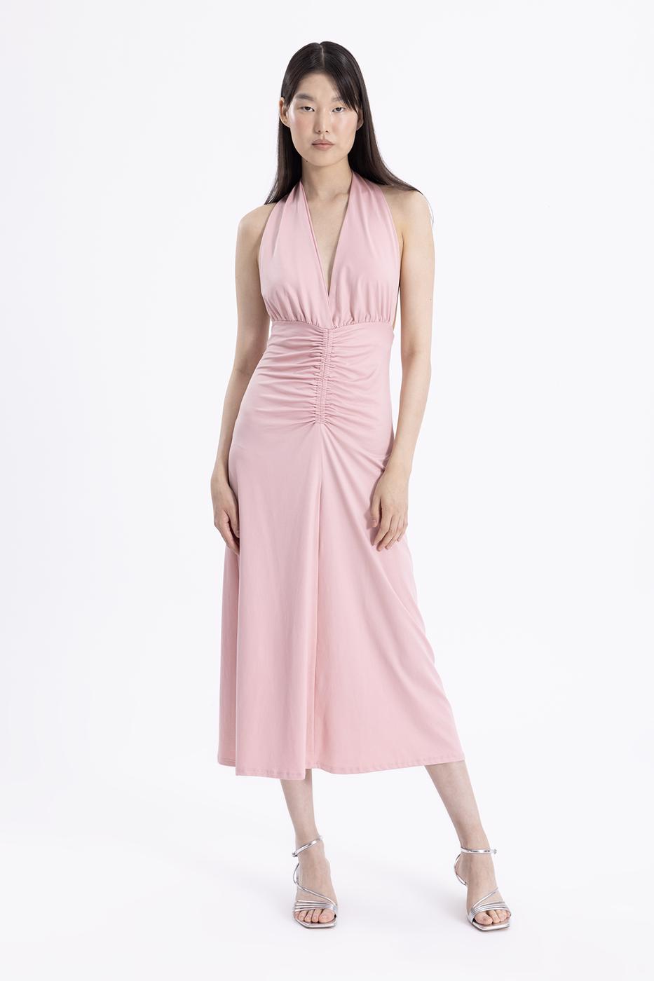 Bayan Pembe Drape Detaylı Midi Elbise