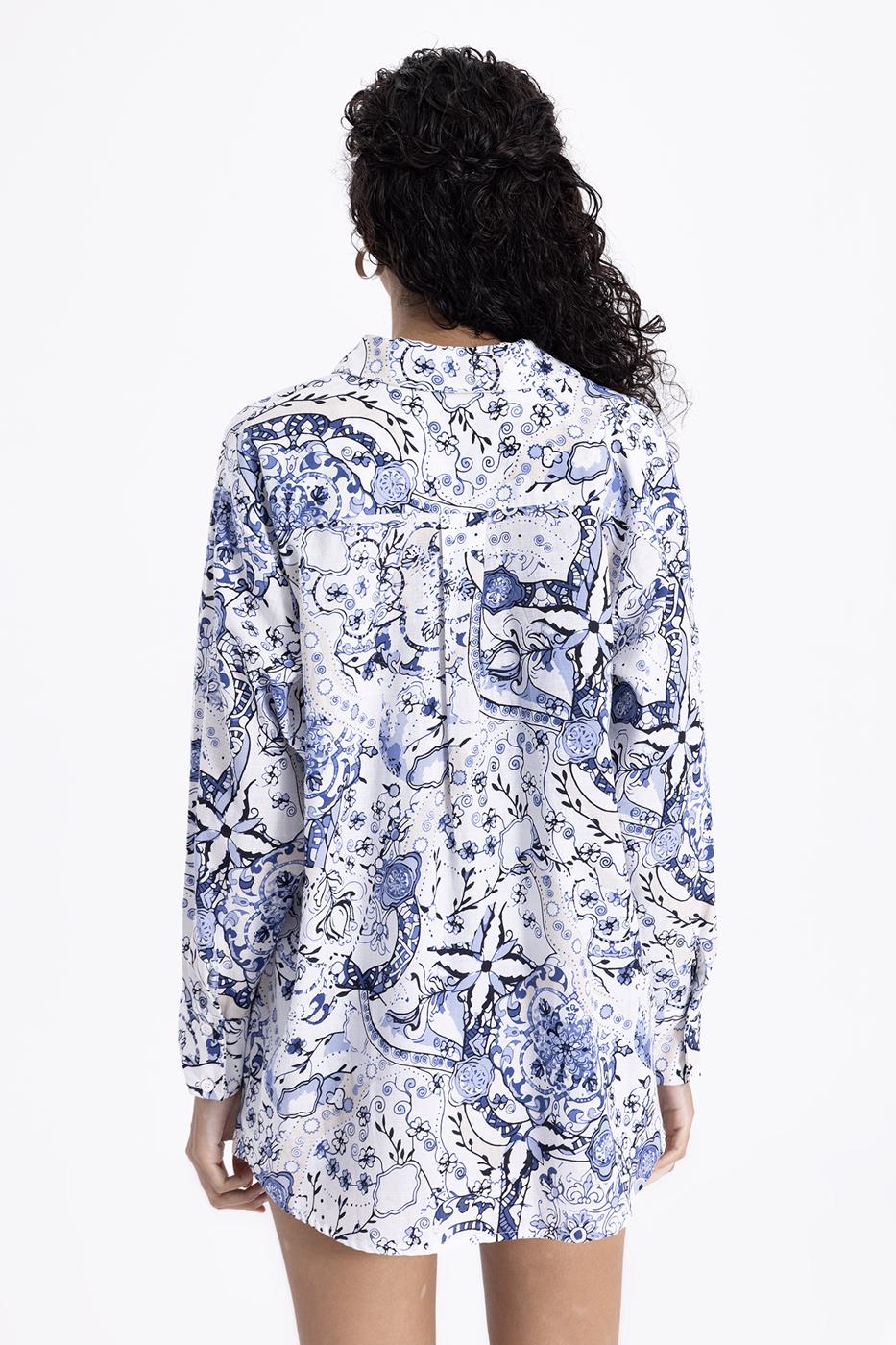 Bayan Beyaz Cotton Cep Detaylı Oversize Gömlek