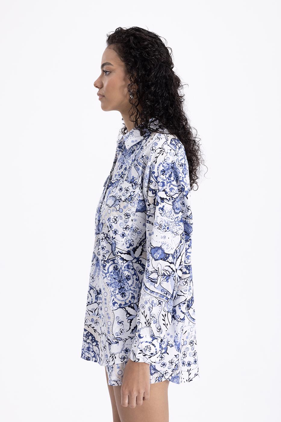 Bayan Beyaz Cotton Cep Detaylı Oversize Gömlek