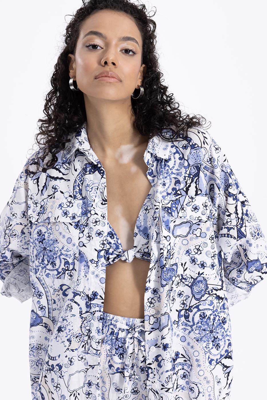 Bayan Beyaz Cotton Cep Detaylı Oversize Gömlek
